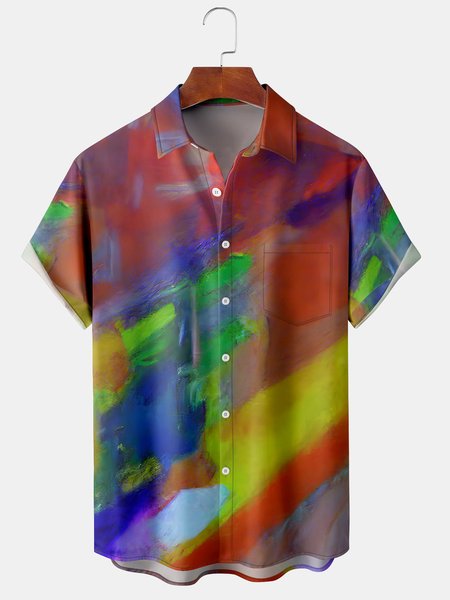 

Men's Casual Oil Painting Print Front Button Soft Breathable Chest Pocket Casual Hawaiian Shirt, Red, Men's Floral shirt