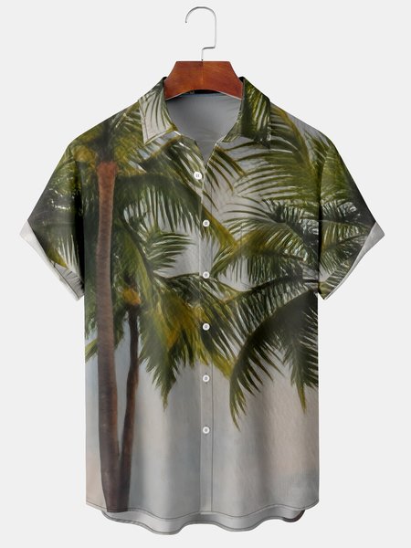 

Men's Casual Coconut Print Front Button Soft Breathable Chest Pocket Casual Hawaiian Shirt, Green, Men's Floral shirt