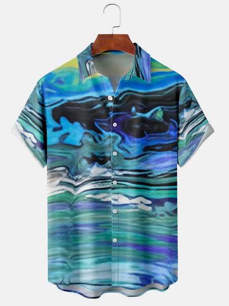 

Men's Casual Gradient Print Front Button Soft Breathable Chest Pocket Casual Hawaiian Shirt, Blue, Men's Floral shirt