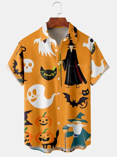 

Men's Casual Halloween Front Button Soft Breathable Chest Pocket Casual Hawaiian Shirt, Yellow, Men's Floral shirt