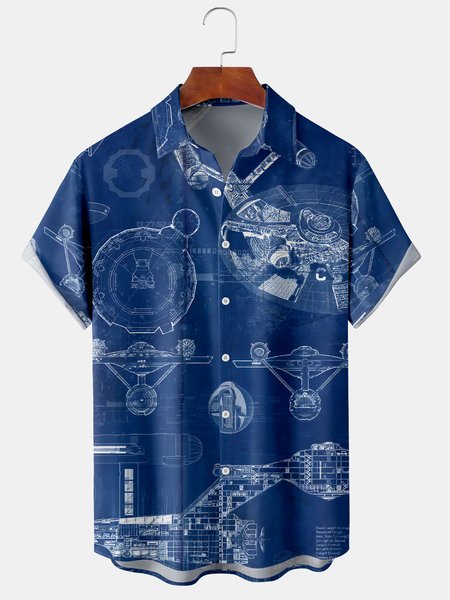

Men's Line Art Spacecraft Print Casual Breathable Hawaiian Short Sleeve Shirt, Blue, Short Sleeve Shirts
