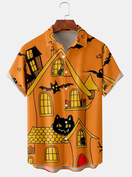 

Men's Casual Halloween Front Button Soft Breathable Chest Pocket Casual Hawaiian Shirt, Yellow, Men's Floral shirt
