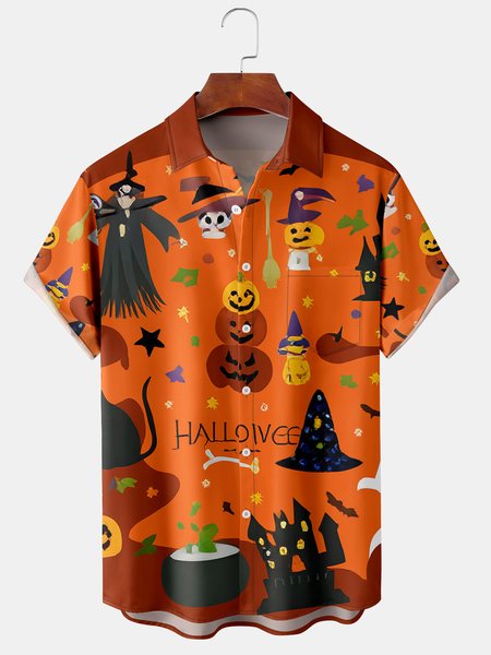 

Men's Casual Halloween Print Front Button Soft Breathable Chest Pocket Casual Hawaiian Shirt, Orange red, Men's Floral shirt