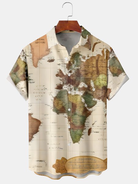 

Mens Casual map Print Front Buttons Soft Breathable Chest Pocket Casual Hawaiian Shirts, Khaki, Men's Floral shirt
