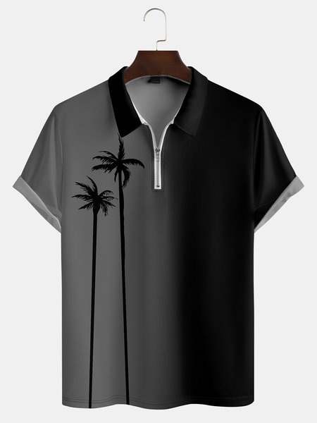 

Resort Style Hawaii Series Gradient Color Plant Coconut Tree Element Pattern Lapel Short-Sleeved Polo Print Top, Black, Polos