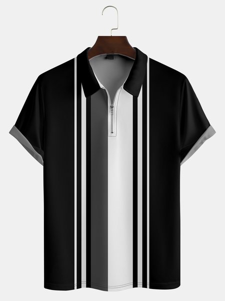 

Casual Art Collection Gradient Geometric Stripe Pattern Lapel Short Sleeve Polo Print Top, Black, Men's t-shirts