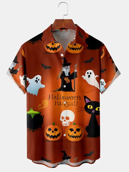 

Men's Casual Halloween Print Front Button Soft Breathable Chest Pocket Casual Hawaiian Shirt, Orange red, Men's Floral shirt