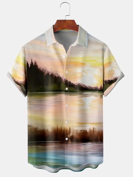 

Men's Casual Painting Landscape Front Button Soft Breathable Chest Pocket Casual Hawaiian Shirt, Khaki, Men's Floral shirt
