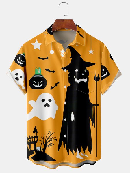 

Men's Casual Halloween Print Front Button Soft Breathable Chest Pocket Casual Hawaiian Shirt, Yellow, Men's Floral shirt