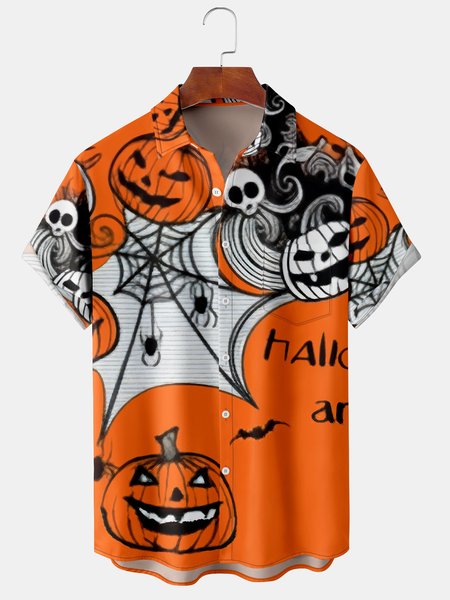 

Men's Casual Halloween Print Front Button Soft Breathable Chest Pocket Casual Hawaiian Shirt, Orange red, Men's Floral shirt