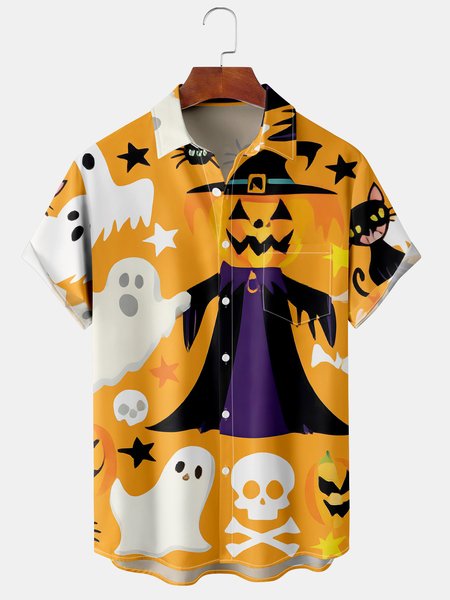 

Mens Casual halloween Print Front Buttons Soft Breathable Chest Pocket Casual Hawaiian Shirts, Yellow, Men's Floral shirt