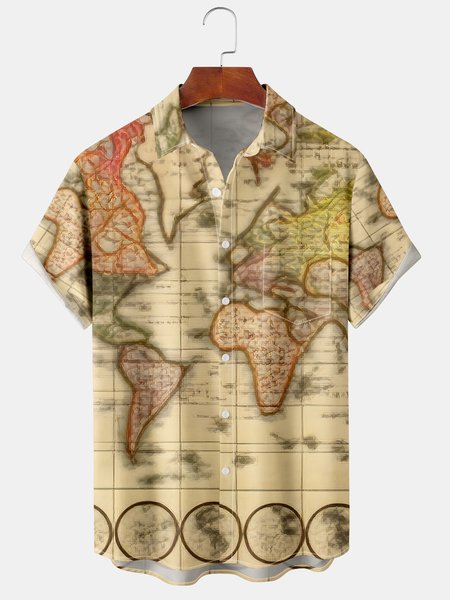 

Men's Casual Map Front Buckle Soft Breathable Chest Pocket Casual Hawaiian Shirt, Khaki, Men's Floral shirt