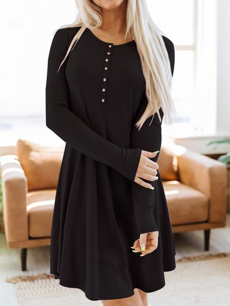 

Casual Plain Buttoned Long Sleeve Knit Dress, Black, Dresses