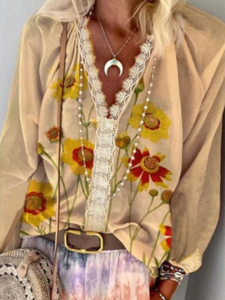 

V Neck Vacation Floral Blouse, Multicolor, Blouses & Shirts