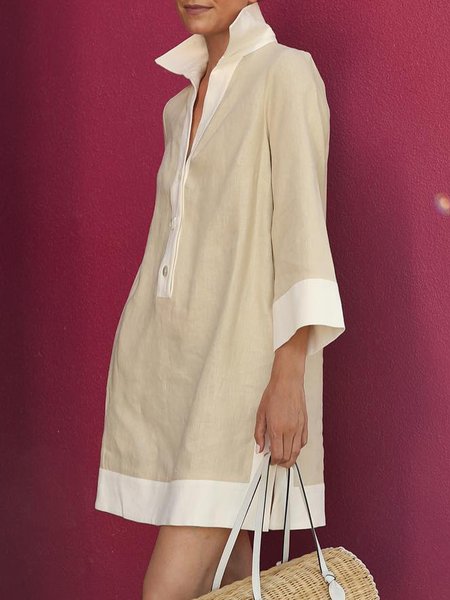

Casual Daily Loose Color Block Shirt Dress, Light khaki, Mini Dresses