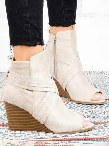 

Faux Suede Strap Wedge Fish Mouth Boots, Off white, Boots