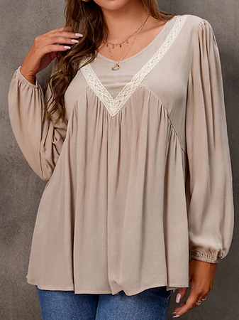

Casual Lace Plain Crew Neck Cotton-Blend T-Shirt, Nude, Shirts & Blouses