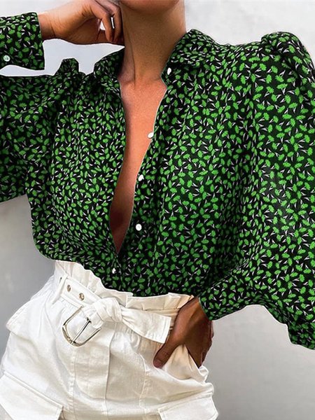 

Simple Plants Shirt Collar Long Sleeve Blouse, Green, Blouses and Shirts