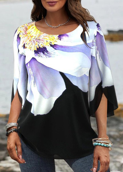 

Casual Floral Design Crew Neck Top, Black, Shirts & Blouses