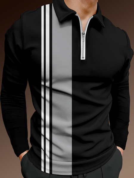 

Casual Art Collection Geometric Stripes Color Block Pattern Lapel Long Sleeve Polo Print Top, Black, Polos