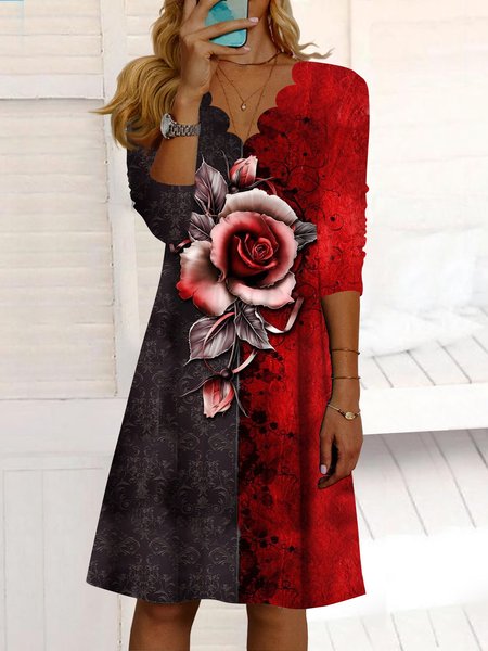 

Gradient Floral Rose loose a-hem midi Dress Plus Size, Black-red, Dresses