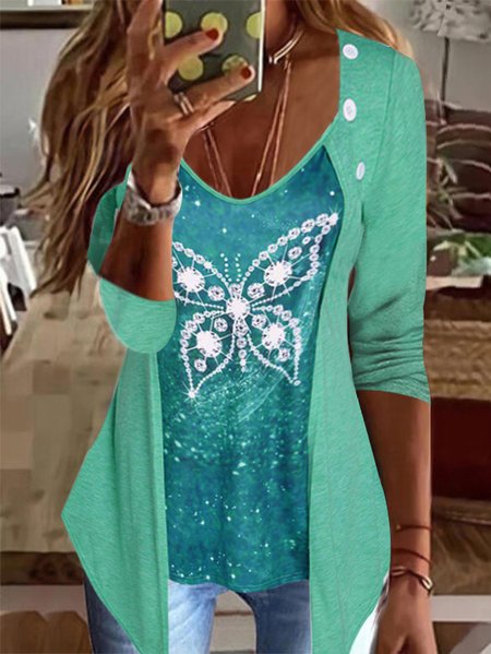 

Casual Butterfly Print Pullover Long Sleeve Knit Top, Green, Shirts & Blouses