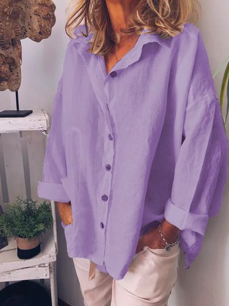 

Women Loose Plain Plus Size Cotton Linen Button Down V Neck Long Sleeve Blouse, Purple, Blouses & Shirts