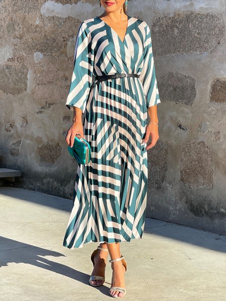 

Striped Autumn Elegant Polyester Micro-Elasticity Regular Fit Commuting X-Line Regular Dresses for Women, Green, Maxi Dresses