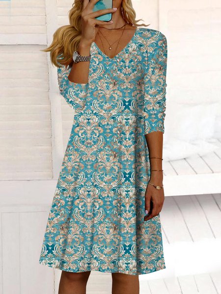 

Folk pattern casual loose a-hem midi Dress Plus Size, Green, Dresses
