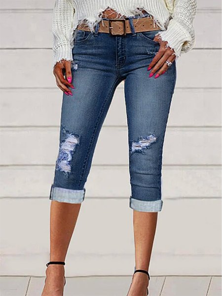 

Plain Ripped Casual Capris Jeans, Blue, Jeans