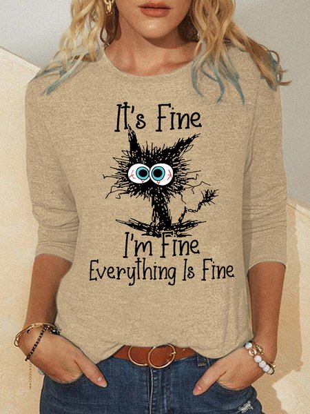 

Womens I Am Fine Funny Crew Neck Top, Khaki, Long sleeves