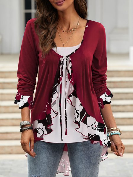

Casual Regular Fit Ruffled Sleeves Floral Tops, Red, Tunics