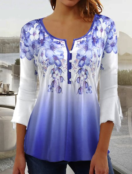 

Casual Notched Flare Sleeve Floral Top, Multicolor, Shirts & Blouses