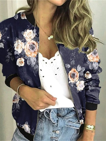 

Floral Loose V Neck Casual Baseball Coat, Multicolor, Coats