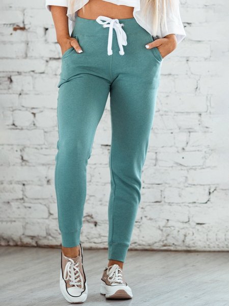 

Casual Plain Knitted Elastic Waist Pants, Green, Pants