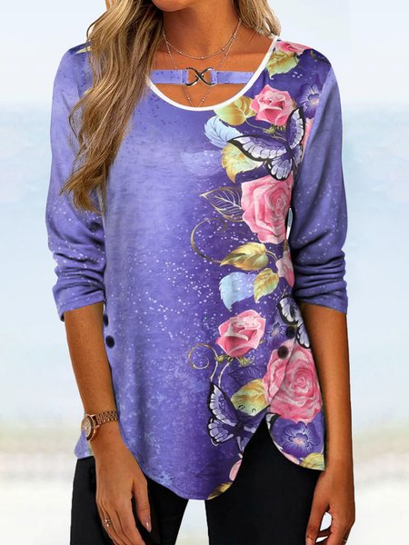 

Floral Crew Neck Casual Tops, Purple, Shirts & Blouses