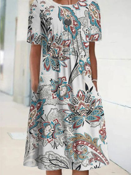 

Loose Ethnic Crew Neck Dresses, Multicolor, Dresses