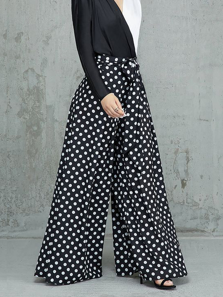 

Polka Dots Autumn Elegant Natural No Elasticity Daily Wide leg pants Long Regular Fashion Pants for Women, Black, Pants