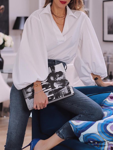 

Urban V Neck Simple Lantern Sleeve Loose Blouse, White, Blouses and Shirts