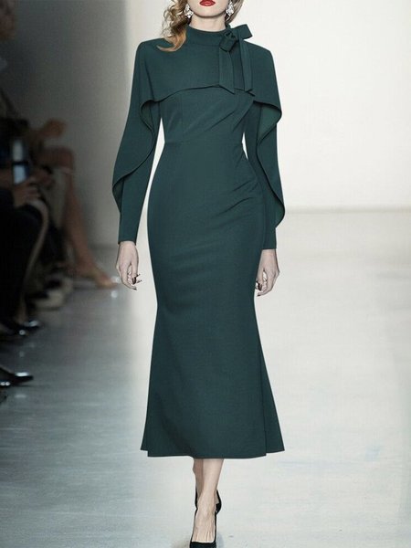 

Women Plain Autumn Elegant Polyester High Waist No Elasticity Daily Regular Hip Skirt Dresses, Darkgreen, Midi Dresses