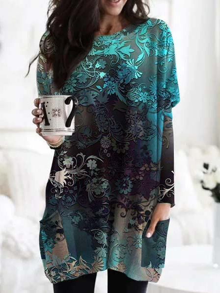 

Casual Ethnic Loose T-Shirt, Blue, T-Shirts