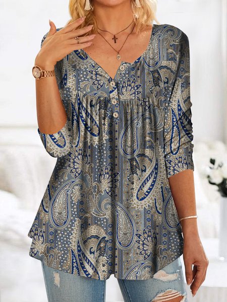 

Retro folk Paisley half open button loose top tunic, Blue, Tops