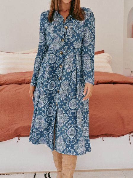 

Casual Shawl Collar Regular Fit Dresses, Blue, Midi Dresses