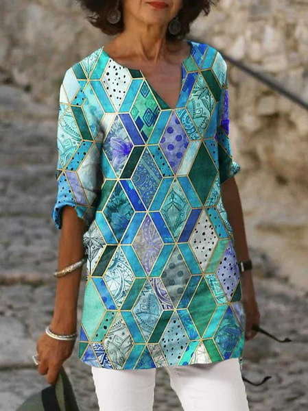 

Geometric Loose Casual Tops, Blue, Shirts & Blouses