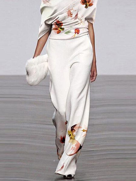 

Regular Fit Floral Urban Fashion Pants, White, Pants