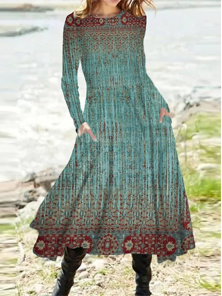 

Loose Cotton-Blend Crew Neck Dresses, Multicolor, Dresses