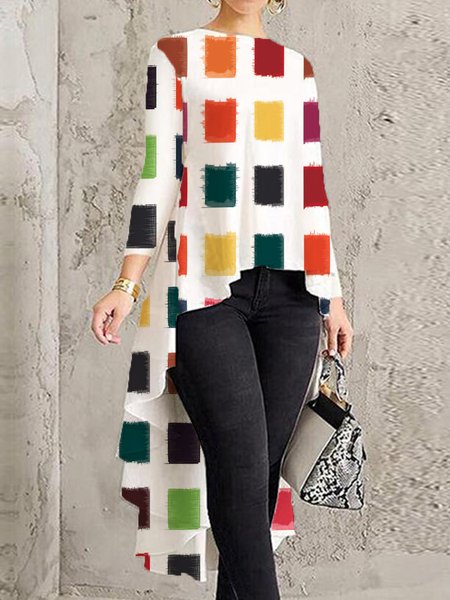 

Autumn Colorblock Urban Micro-Elasticity Daily Crew Neck A-Line Regular Regular Size Tops for Women, Multicolor, Tops