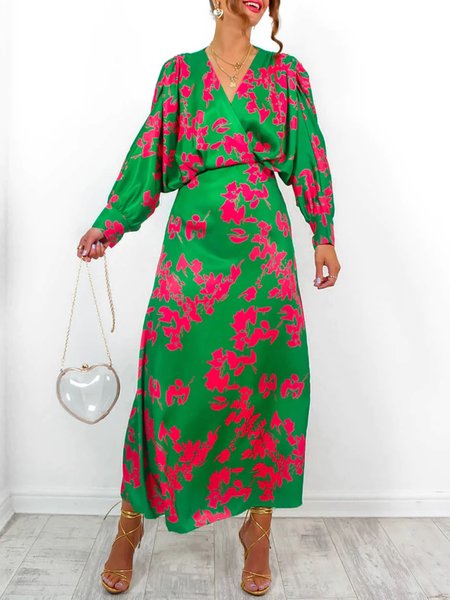 

Elegant V Neck Floral Printed Long Sleeve Dress, Green, Maxi Dresses
