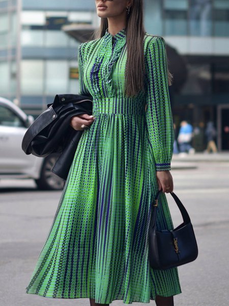 

Geometric Autumn Elegant Polyester Stand Collar Midi 1 * Dress Long sleeve X-Line Dresses for Women, Green, Midi Dresses