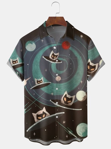 

Men's Casual Art Cat Spacecraft Print Short Sleeve Hawaiian Shirt with Chest Pocket, Green, Short Sleeve Shirts